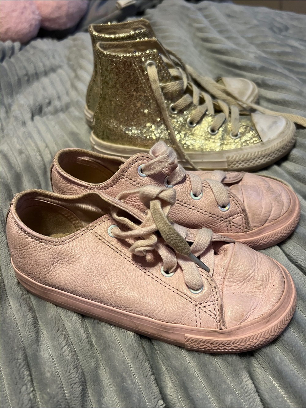 Kids Pink Leather Lace-Up converse size 10 & gold high top converse size 10.5.